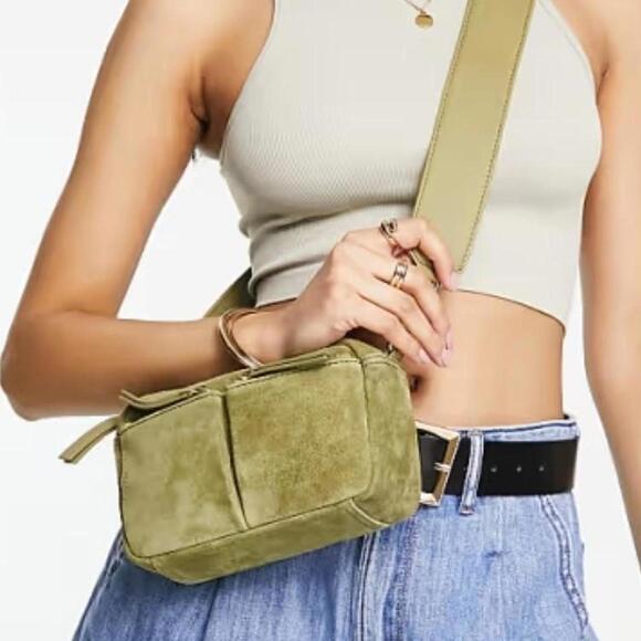 ASOS Handbags - ASOS DESIGN suede multi pocket camera crossbody bag in khaki-Green